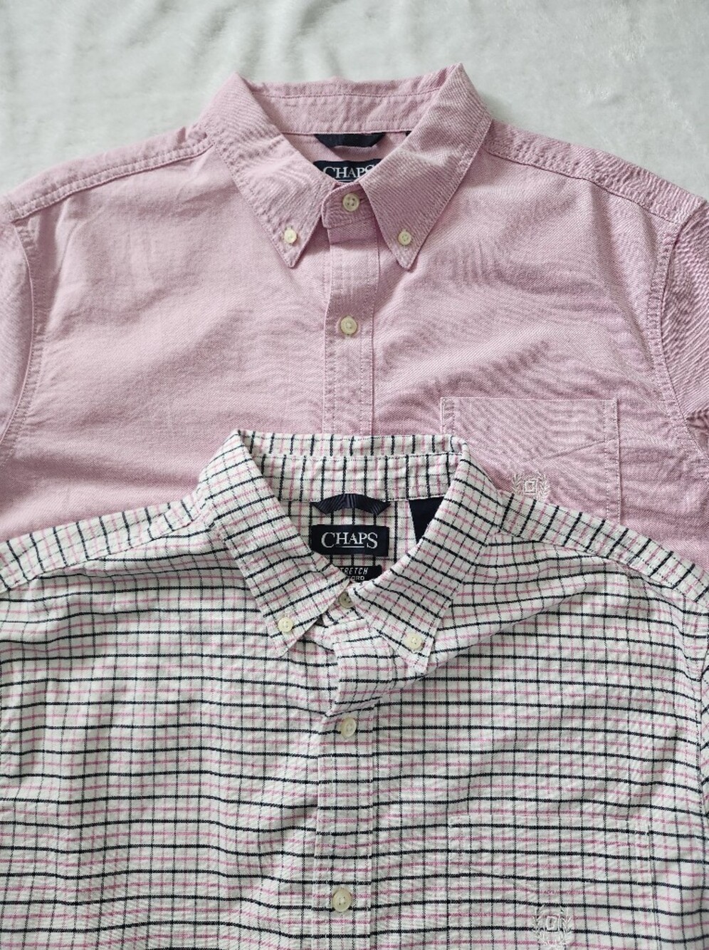 Set of 2 Chaps Stretch Oxford Shirt Mens Large Pink Plaid Button Down Preppy Ivy